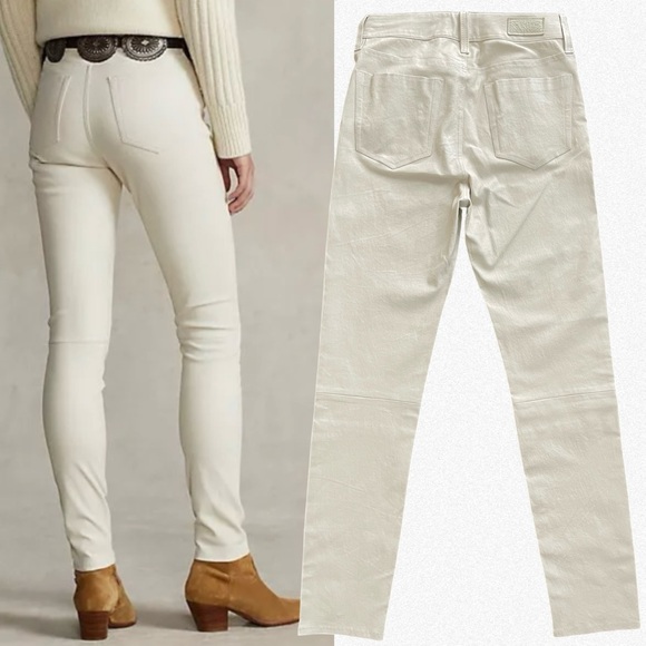 Polo Ralph Lauren Lambskin Trousers White Cream Leather Slim Fit Straight Leg 2 - Picture 3 of 7